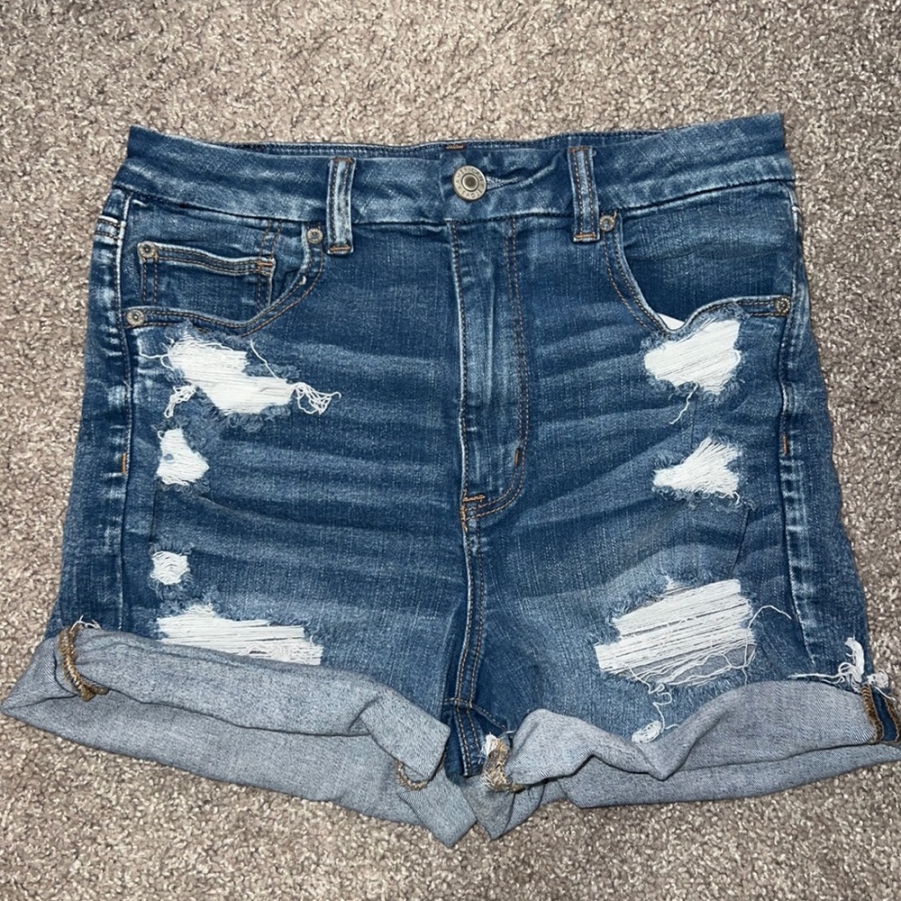 Size 12 American Eagle Next Level Stretch curvy hi-rise shortie destructed denim